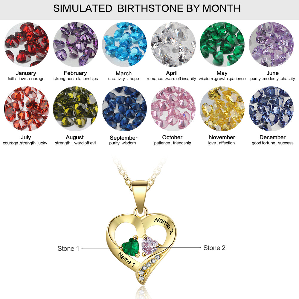 Personalized Name S925 Two Birthstones Heart Shape Pendant Necklace