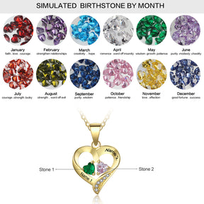 Personalized Name S925 Two Birthstones Heart Shape Pendant Necklace