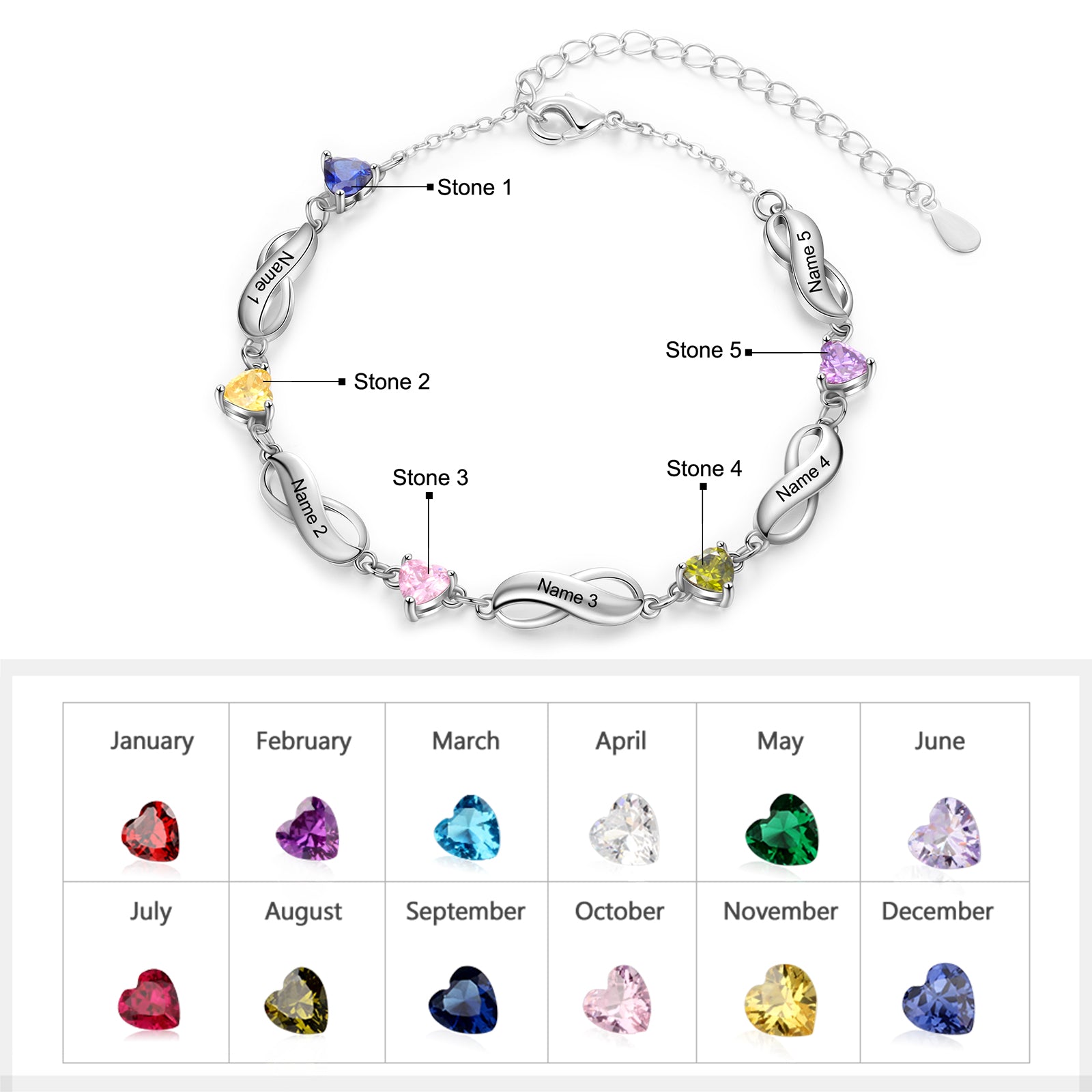 Rhodium Plated Birthstone Name Bracelet