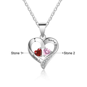 Personalized Name S925 Two Birthstones Heart Shape Pendant Necklace