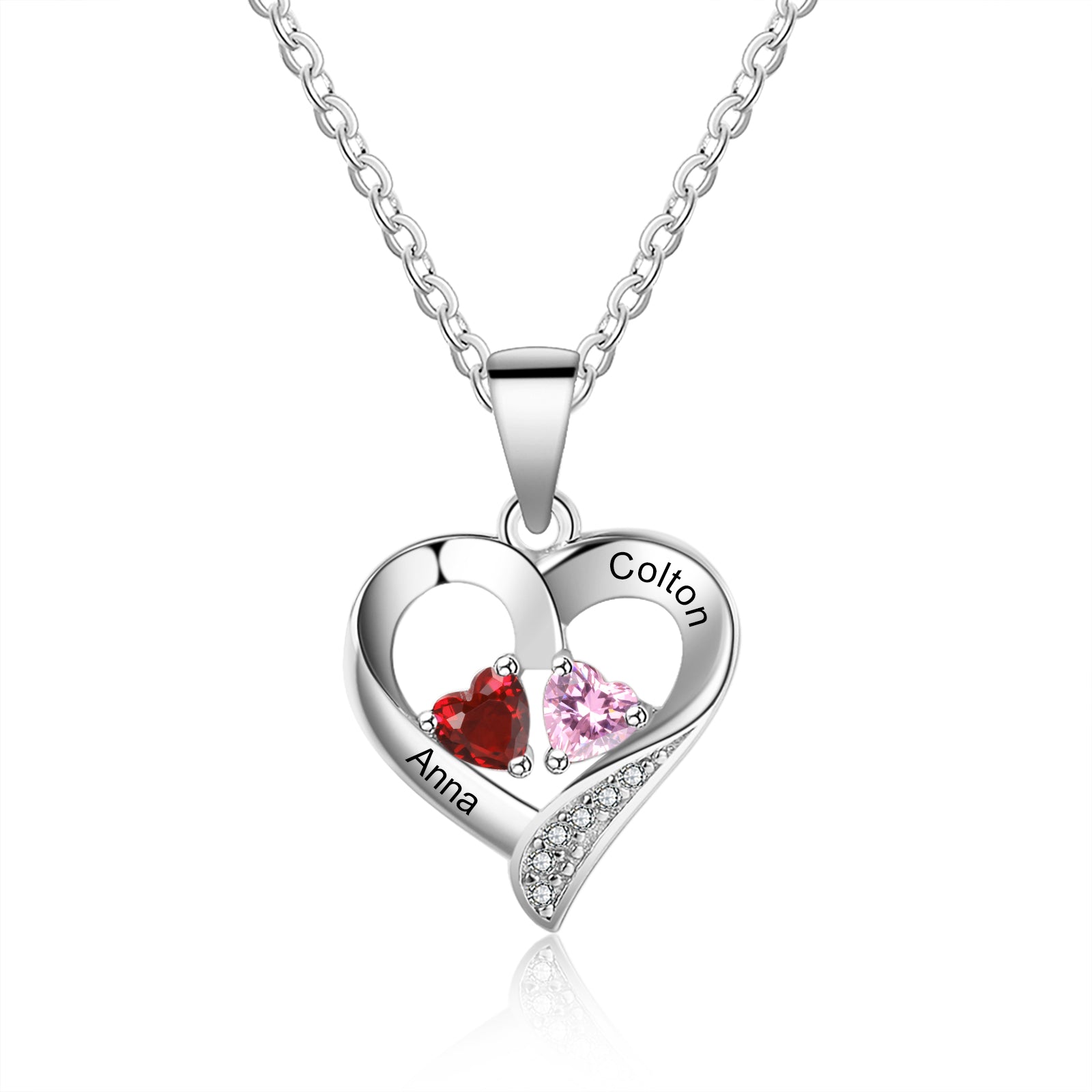 Personalized Name S925 Two Birthstones Heart Shape Pendant Necklace