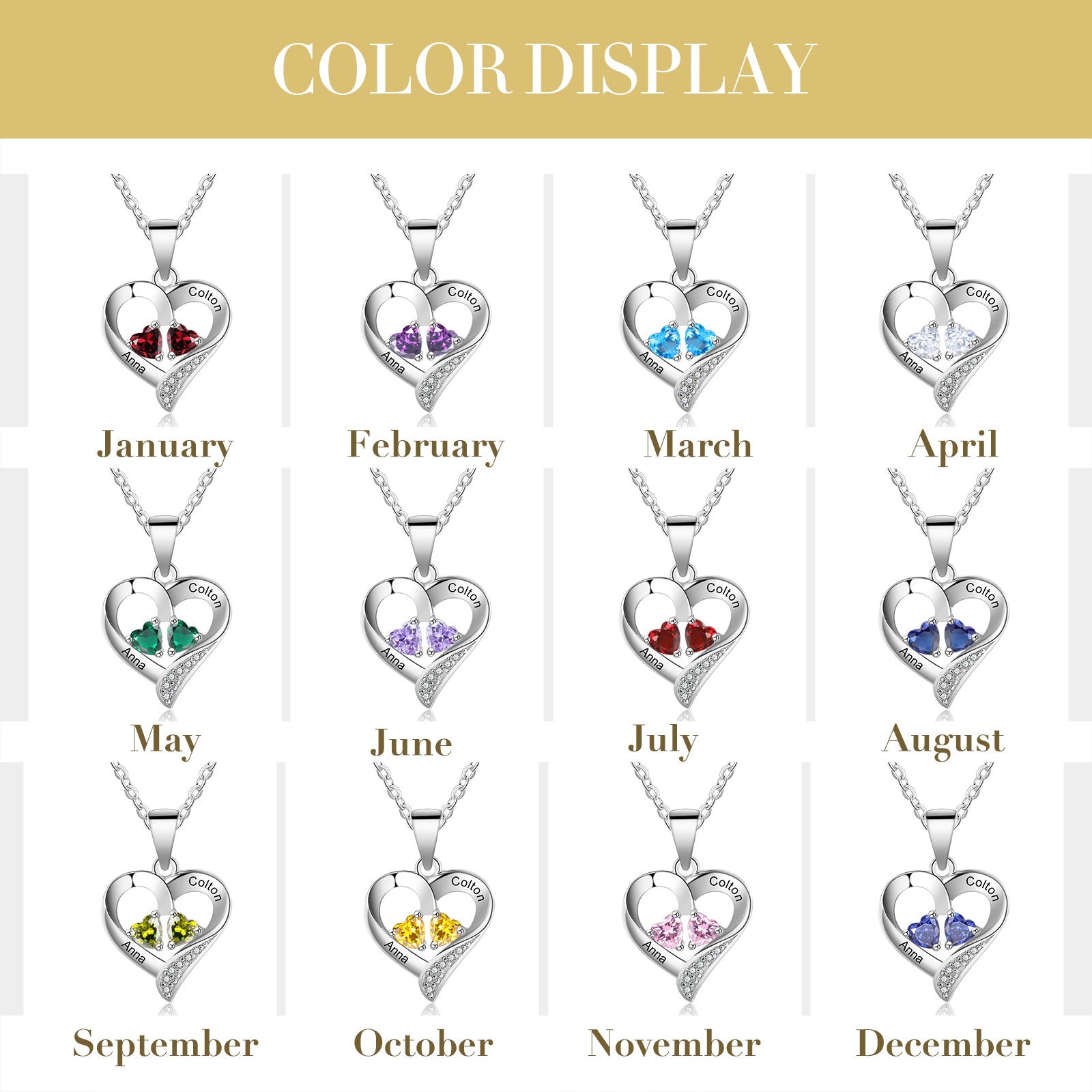 Personalized Name S925 Two Birthstones Heart Shape Pendant Necklace