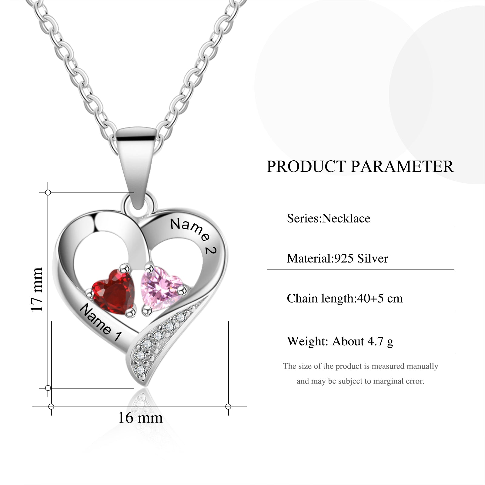 Personalized Name S925 Two Birthstones Heart Shape Pendant Necklace