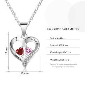 Personalized Name S925 Two Birthstones Heart Shape Pendant Necklace